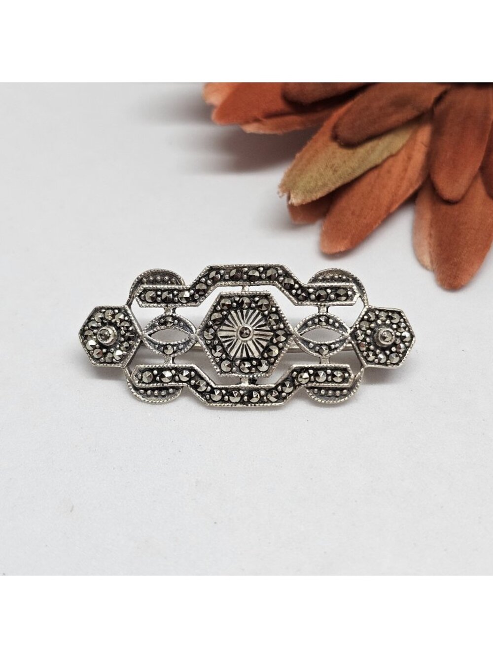 Vintage 925 Sterling Silver Art Deco Marcasite Brooch Pin